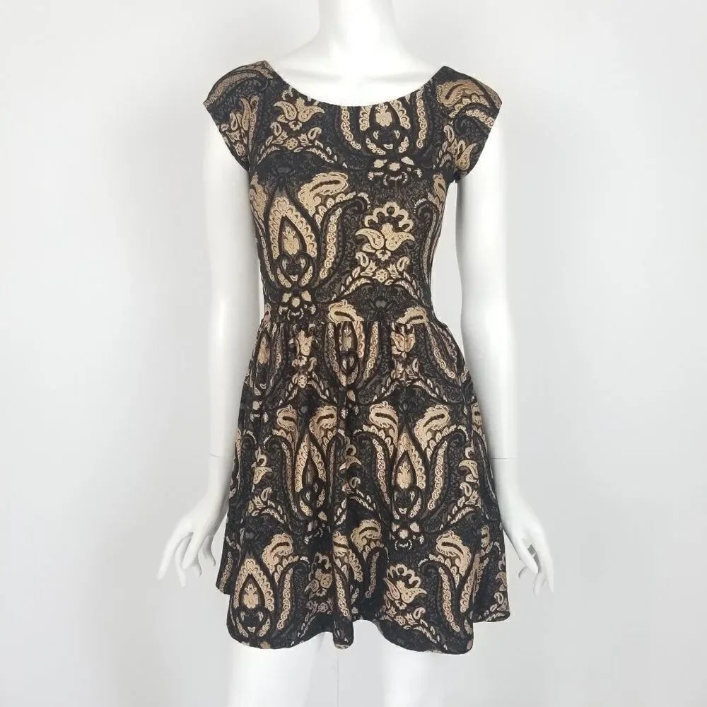 ASOS Damask Print Skater Dress Black & Gold Size 2